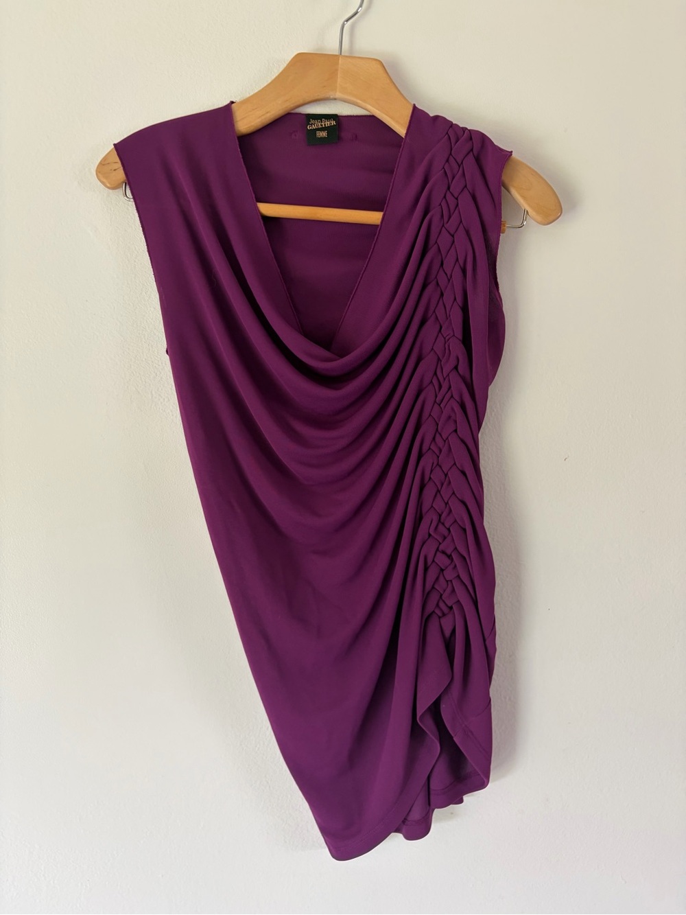 Jean Paul Gaultier Femme Purple Mesh Braided Side Drape Front Cowl Neck Top
